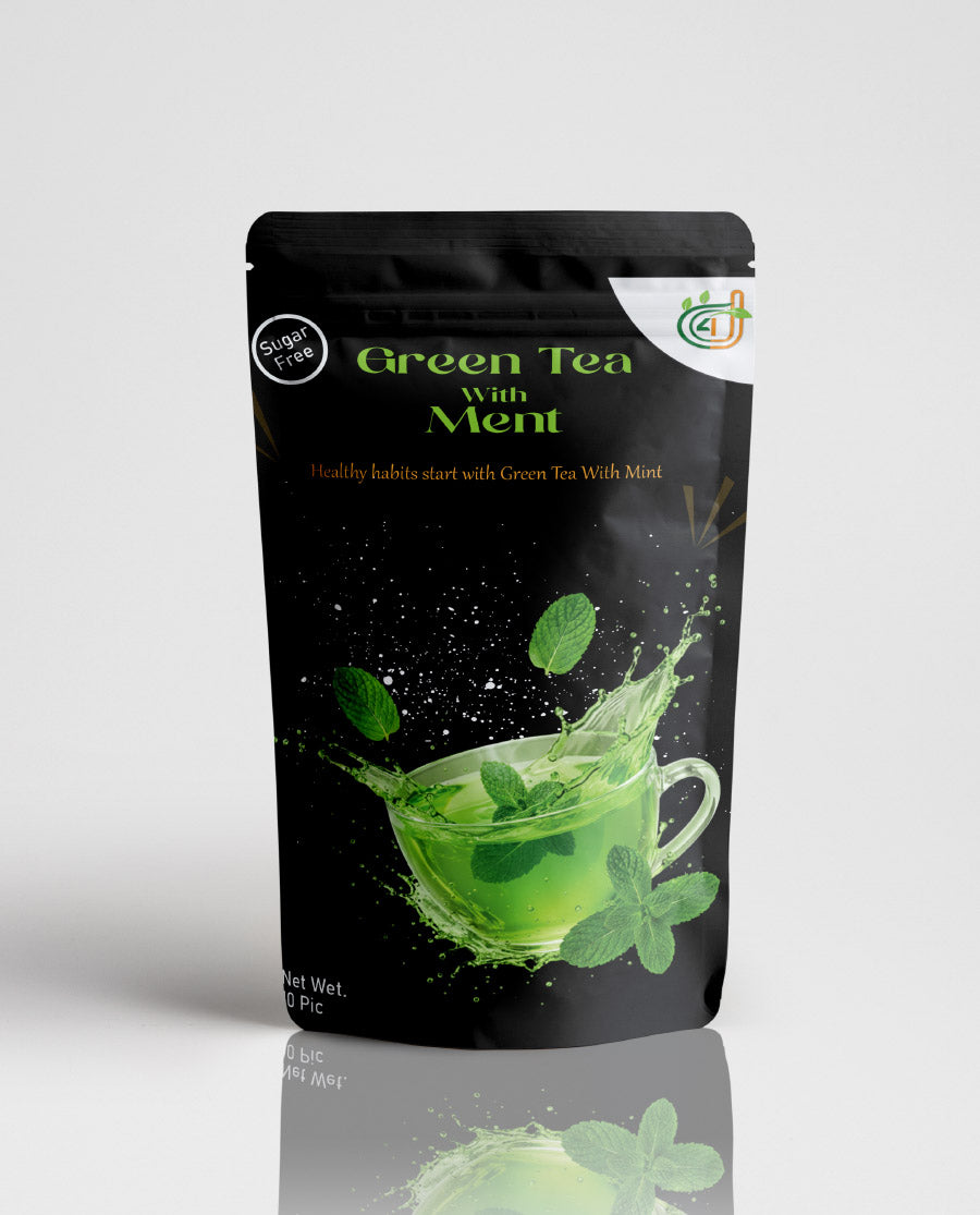 Tea package labeled 'Green Tea with Mint' on a white background