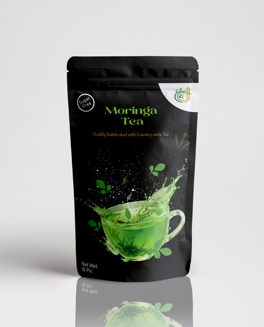 Moringa tea package with green tea graphic on a white background