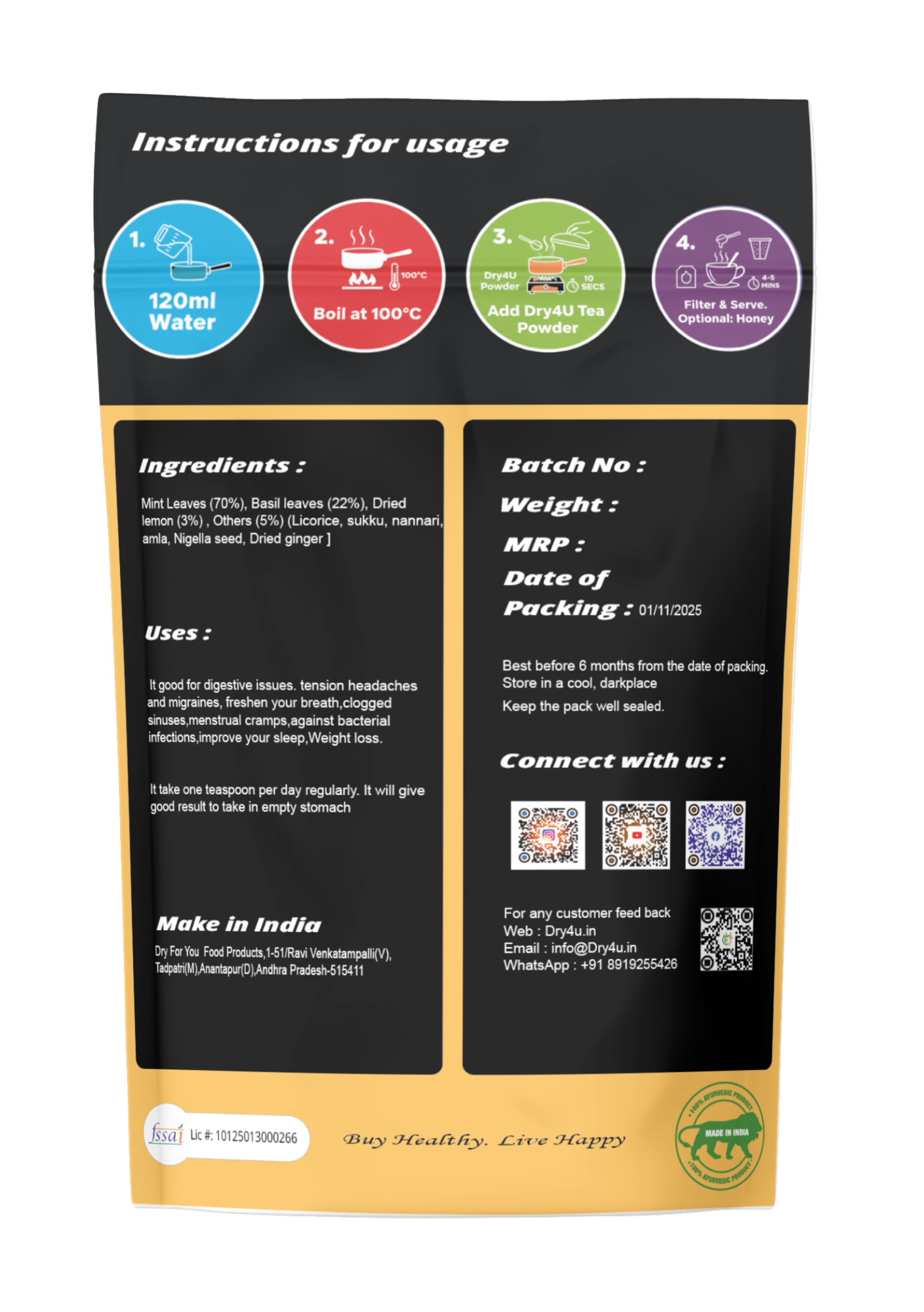 Back view of a product packaging with usage instructions, ingredients, and contact information.