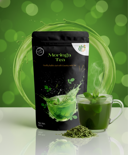 "Moringa tea protein powder displayed with a measuring scoop beside the container"

"Close-up of moringa tea protein powder showing its fine green texture"

"Packet of moringa tea protein powder arranged with moringa leaves for presentation"