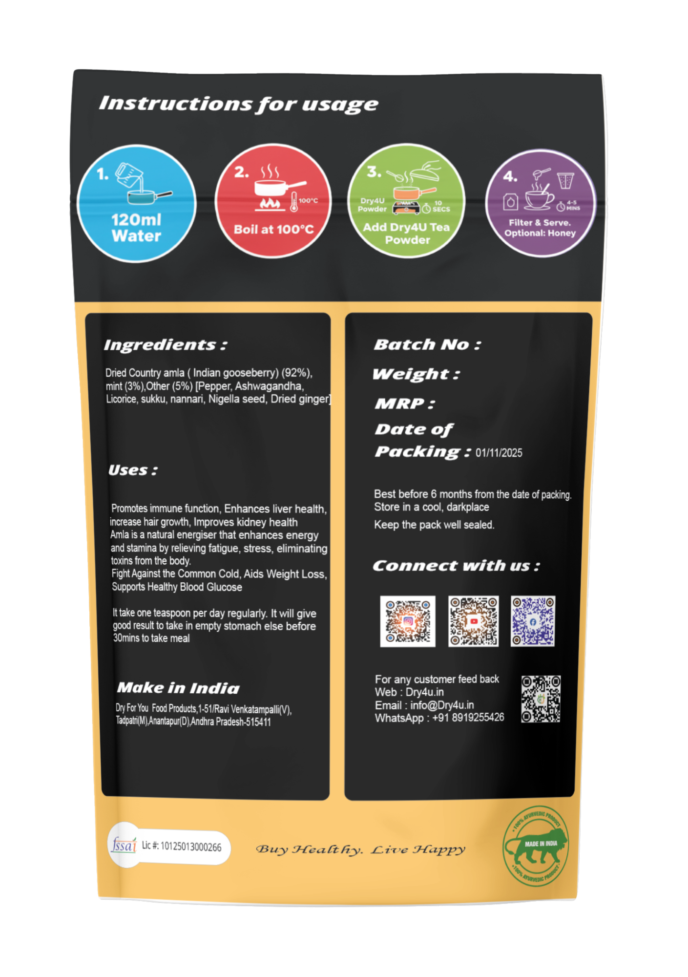 Back view of a product packaging with usage instructions, ingredients, and contact information.