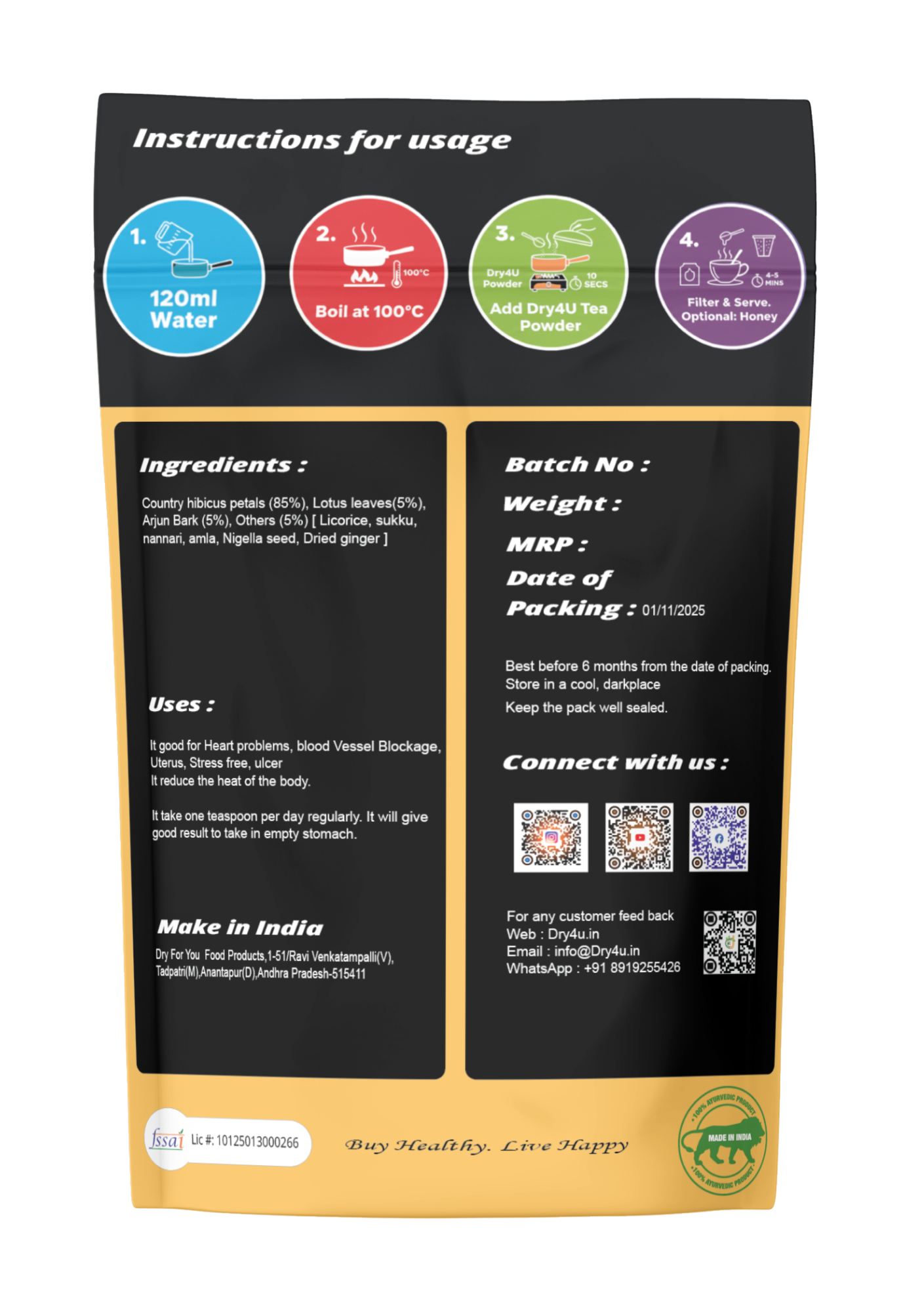 Back view of a product packaging with text and QR codes on a white background