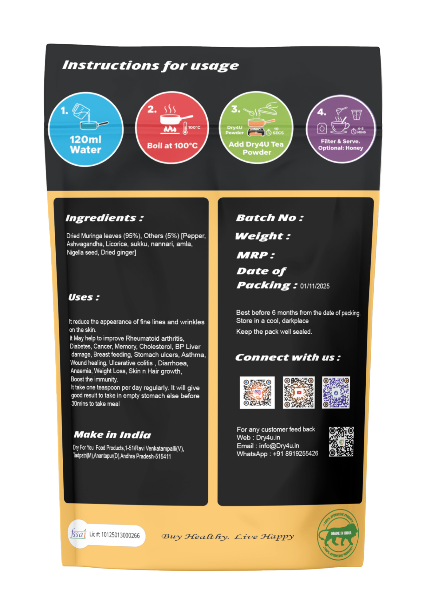 Back view of a tea package with usage instructions, ingredients list, and contact information.