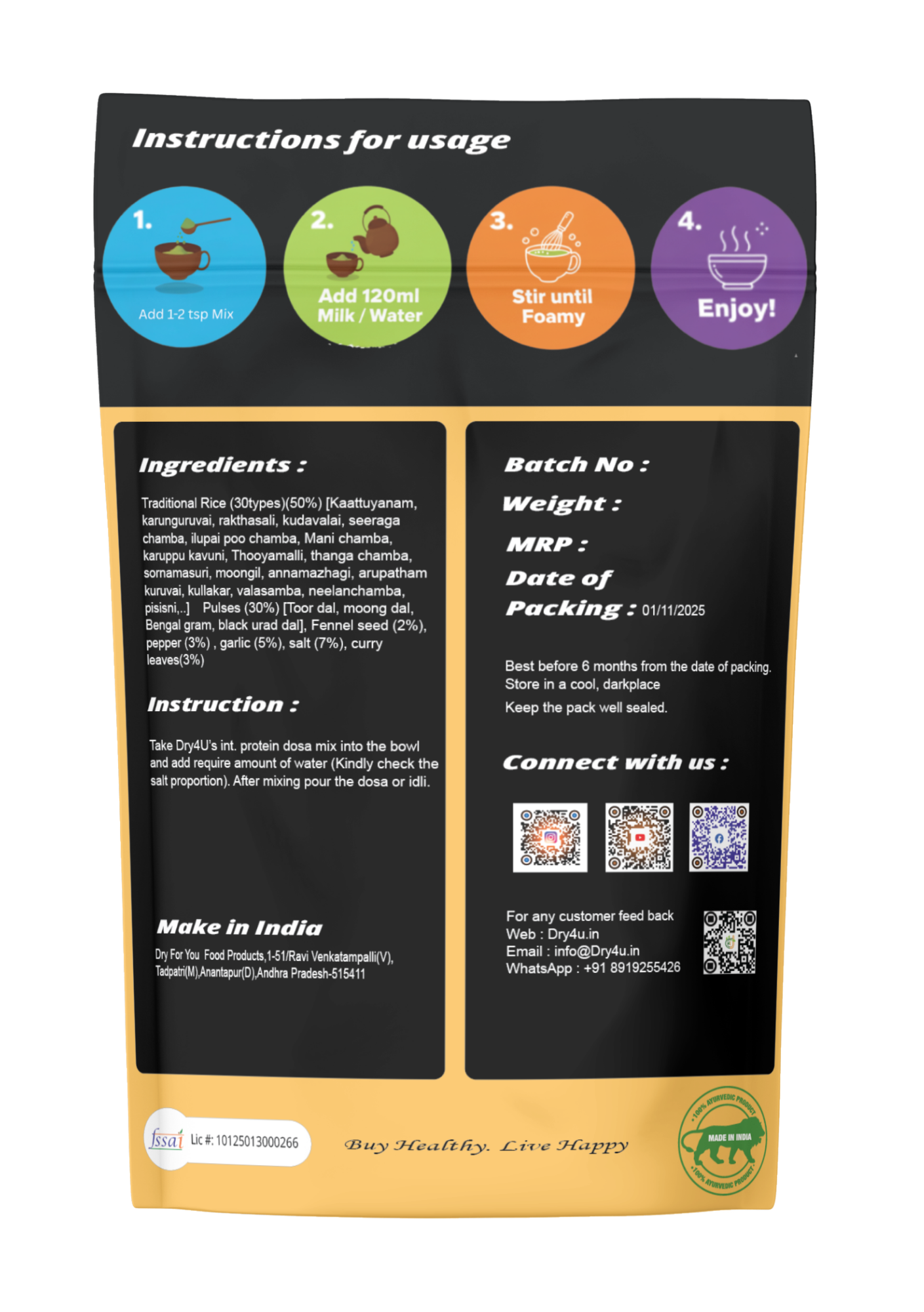 Back view of a food product packaging with usage instructions, ingredients list, and contact information.