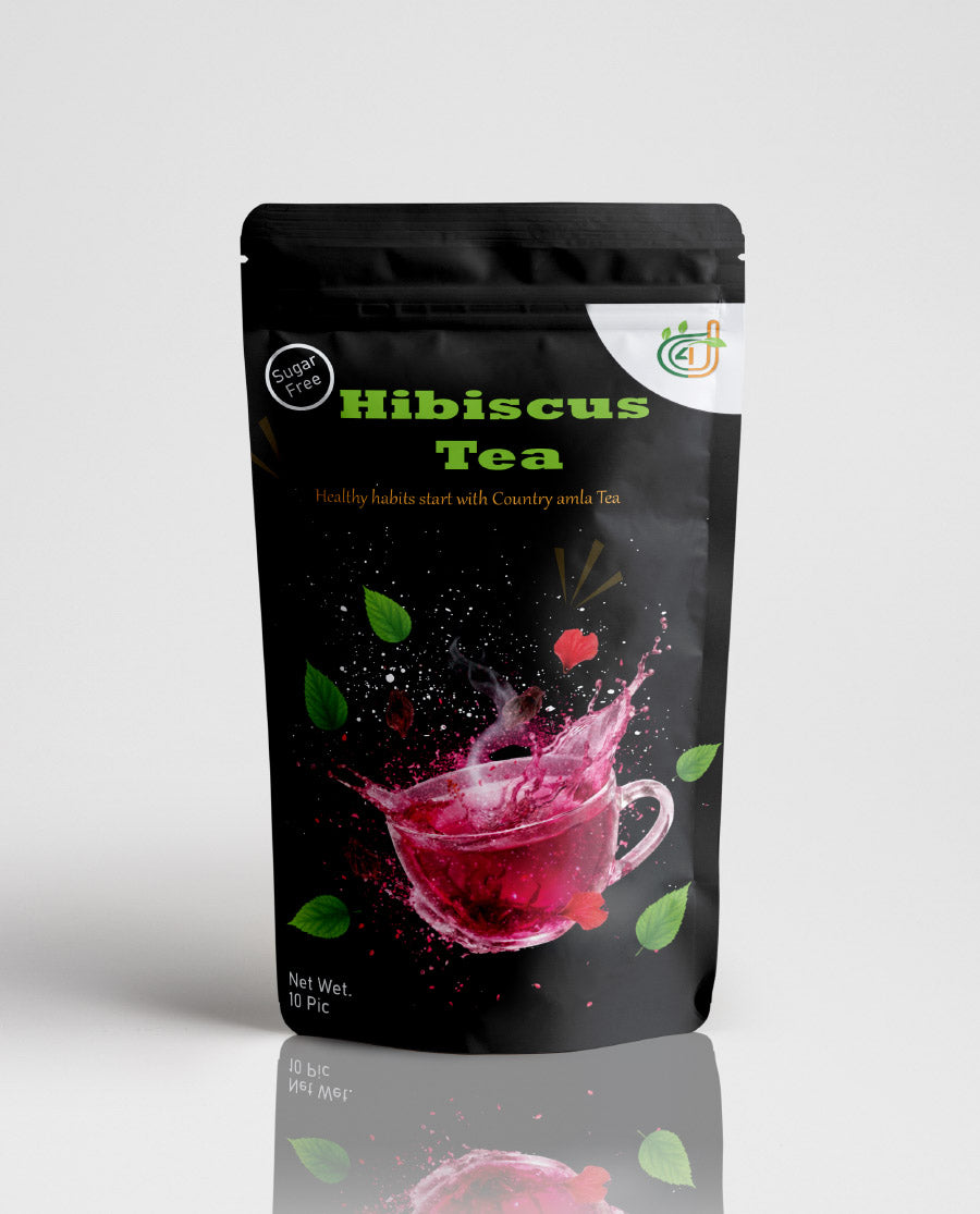 Hibiscus tea package with black background and colorful design