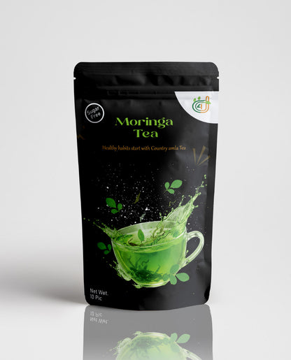 Moringa tea package with green tea graphic on a white background